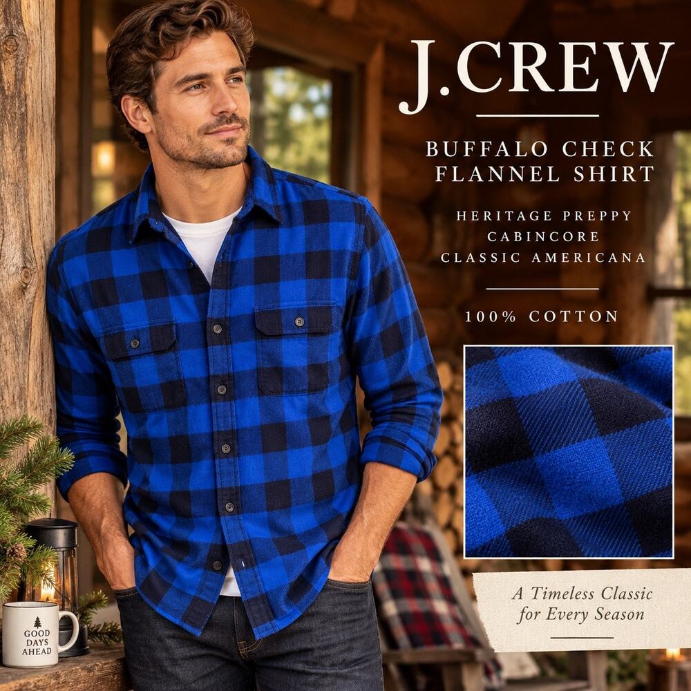 Heritage Preppy Cabincore J.Crew Buffalo Check Flannel Shirt Blue Black Plaid L